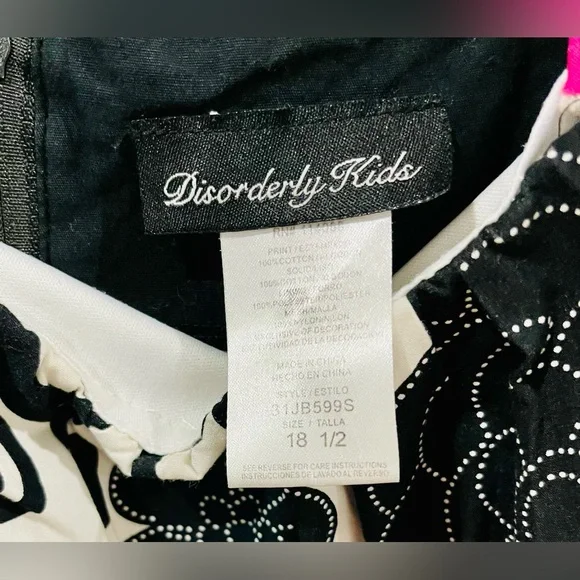 Girls “Disorderly Kids” Black & White Floral Dress With Hot Pink Accents - Picture 9 of 10